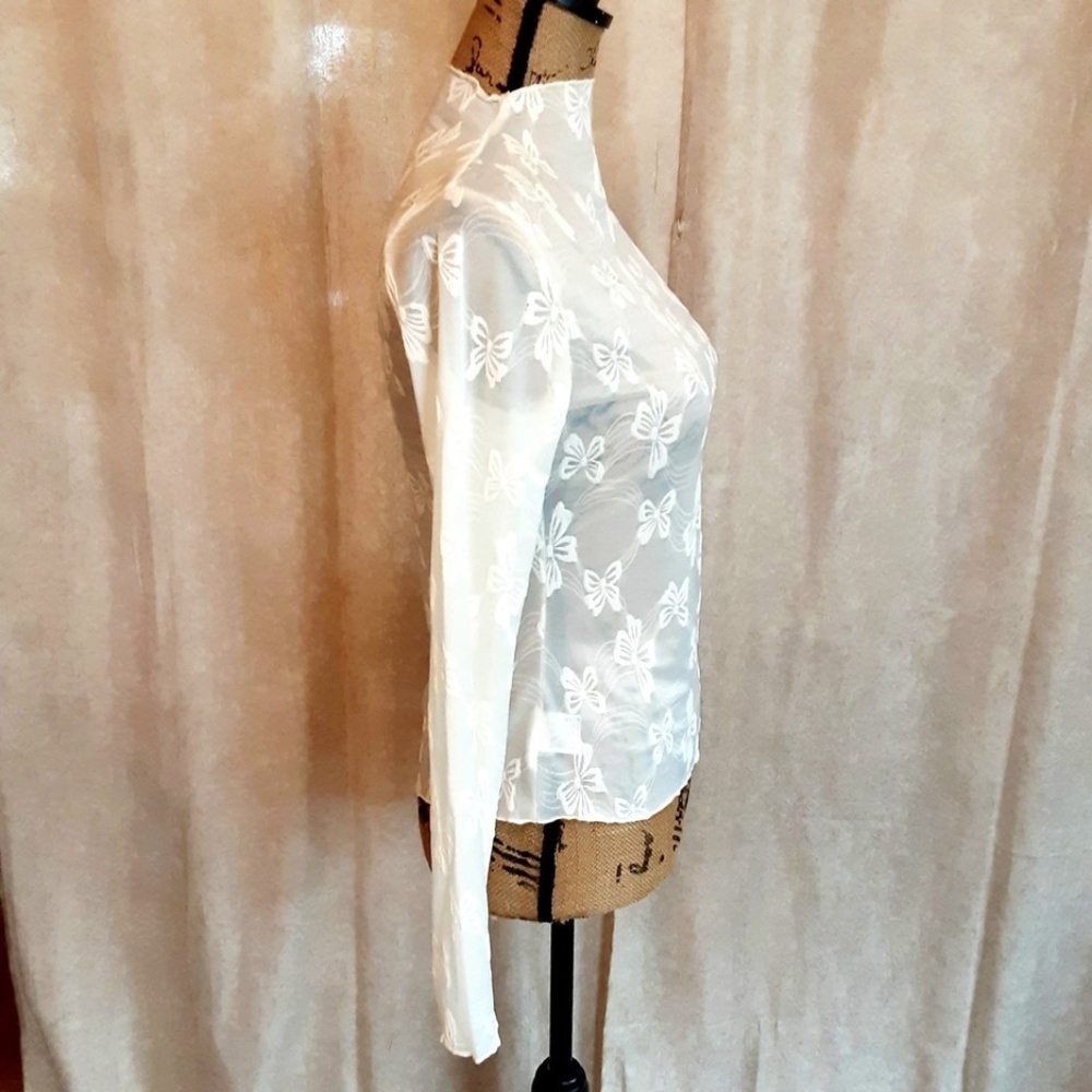 NWOT Ivory Cream Sheer Mesh Top Bows Pattern Long Sleeve Size L - Picture 5 of 11